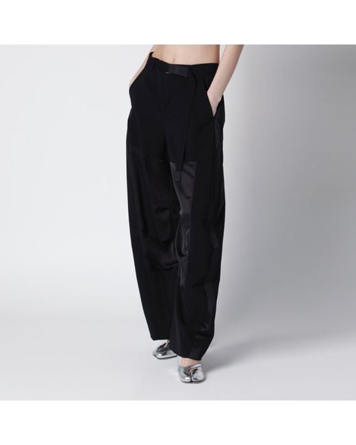 Sacai Black Wide-Leg Wool Trousers With Panels And Belt