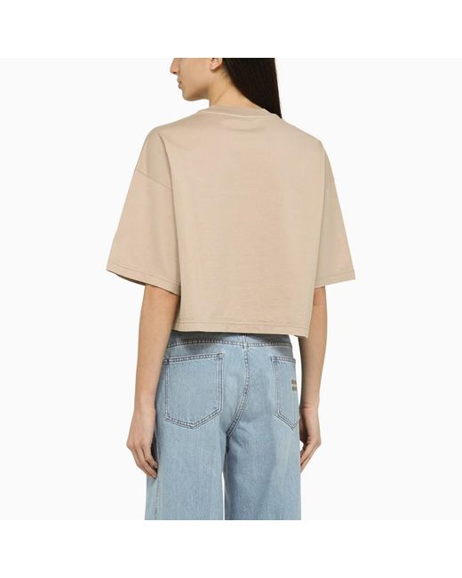 T-shirt cropped beige in cotone con logo di Miu Miu in Blue