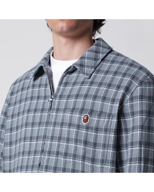 A Bathing Ape Blue Zipup Shirt With Check Pattern for men