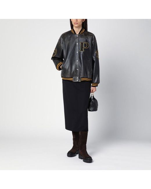 Prada Black Schwarze Bomberjacke Aus Vintage-Leder Mit Aufnäher