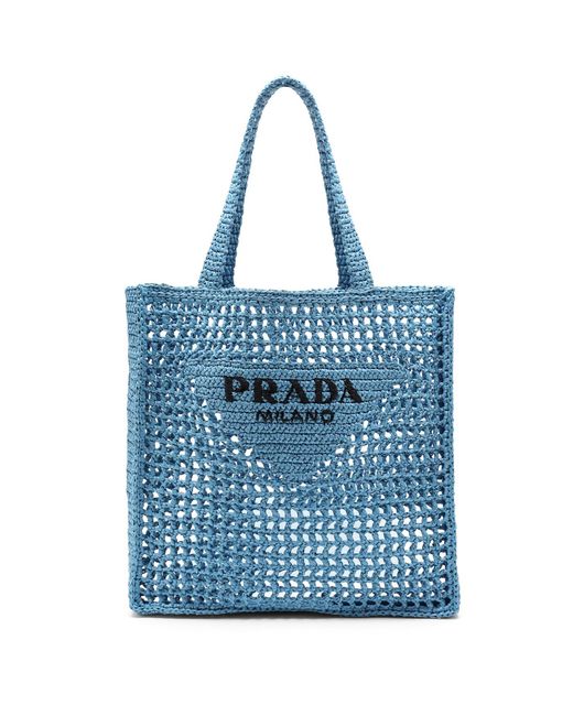 Prada Light Blue Logoed Crochet Tote Bag - Light Blue