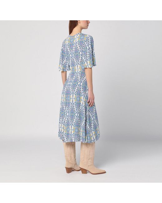 Etro Blue Flared Midi Dress With Multi-Colored Print