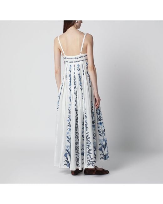 Farm Rio Blue Offwhite Flowers Arch Pleats Maxi Dress