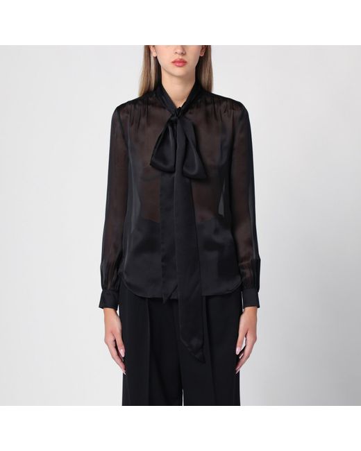 Saint Laurent Black Silk Shirt With Bow At Neck