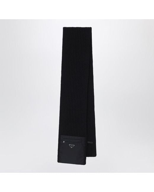 Prada Black Wool Scarf With Re-Nylon Pocket for men