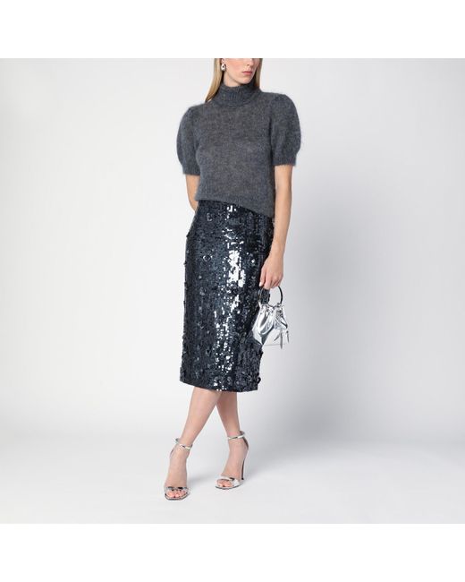 P.A.R.O.S.H. Blue Dark Grey Midi Skirt With Micro Sequins