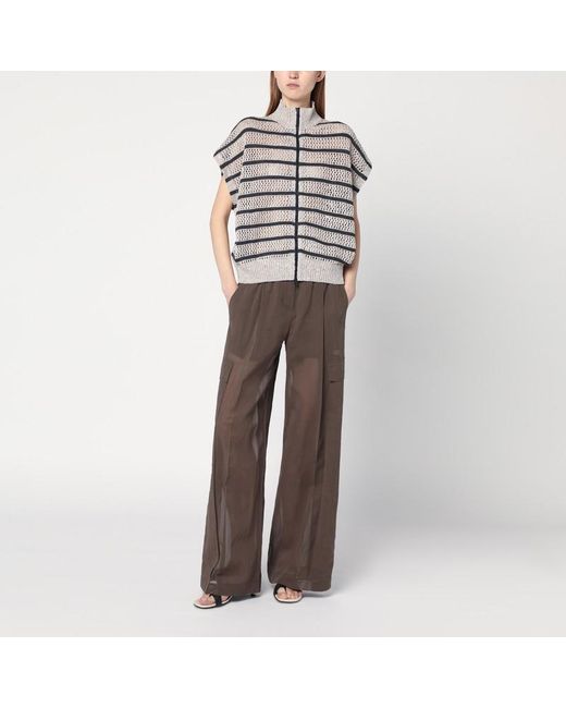 Brunello Cucinelli Brown Striped Mesh Cardigan In Linen Blend