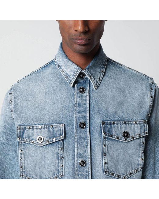 Versace Blue Stone-washed Denim Shirt With Studs for men