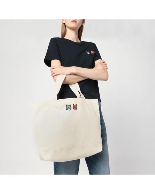 Maison Kitsuné Natural Doppelt Fetter Fuchs Kopf Mittel Große Tasche