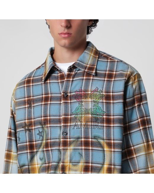 Amiri Blue Ma Quad Bleached Cotton Flannel Shirt for men