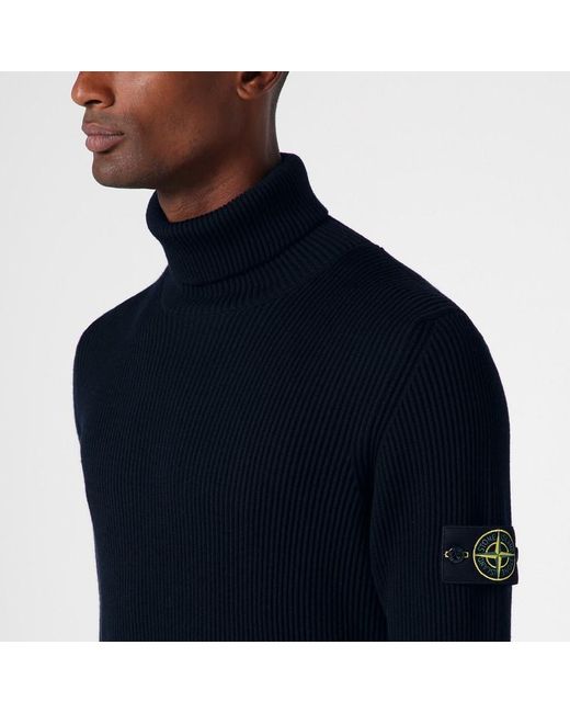 Stone Island Black Navy Ribbed Turtleneck Sweater In Wool for men