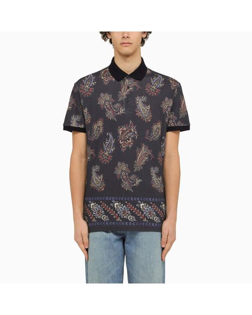 Etro Black Short Sleeved Polo With Paisley Print for men
