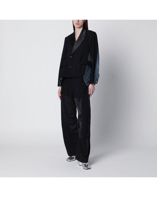 Sacai Black Wide-Leg Wool Trousers With Panels And Belt