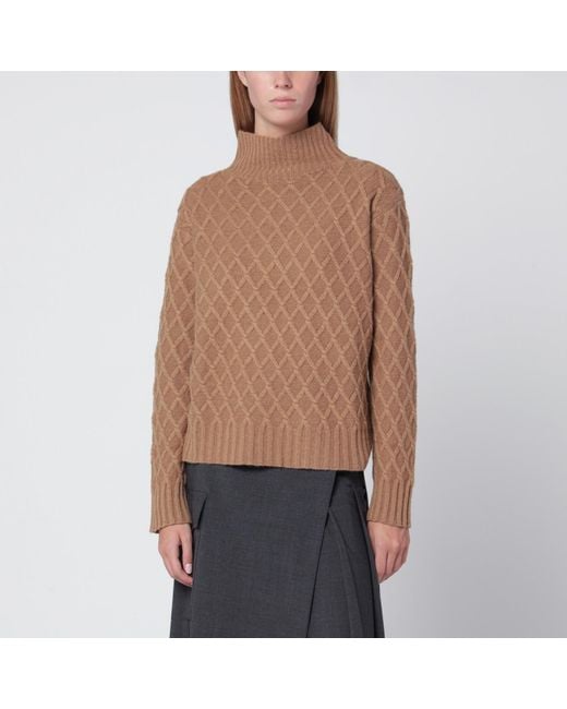 Max Mara Women's Brown Camel Cable Knit Turtleneck Sweater