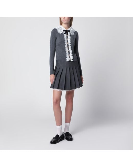 Self-Portrait Black Pleated Wool Mini Skirt With Lace Trim