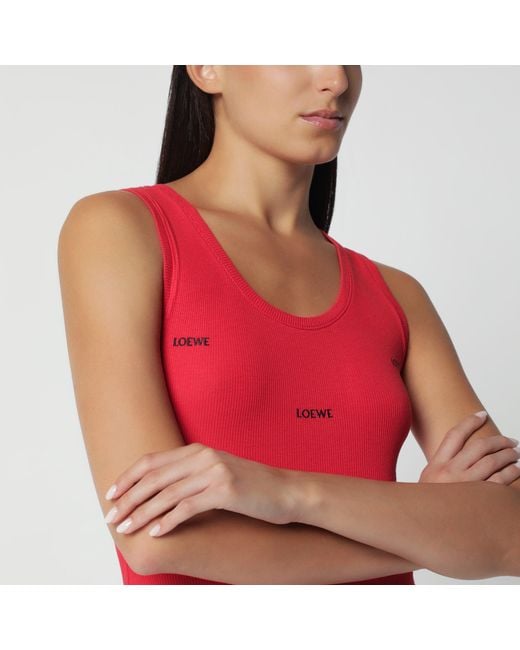 Loewe Red Ribbed Cotton Tank Top With Logo Embroidery