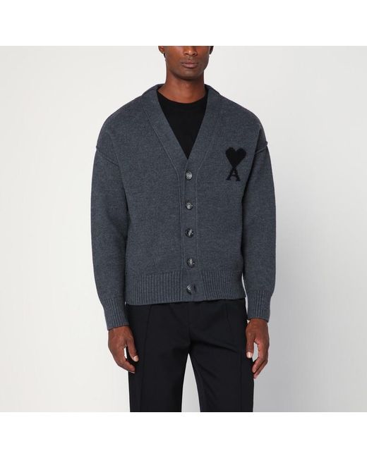 AMI Blue Ami De Coeur Heather Grey Wool Cardigan for men