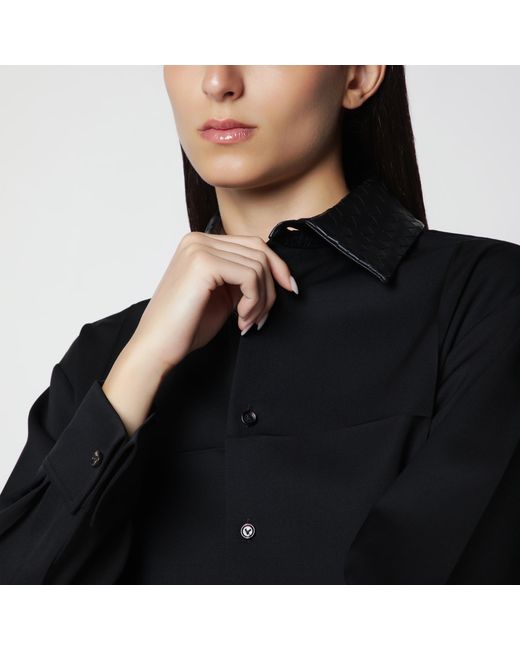 Bottega Veneta Black Light Wool Twill Shirt With Braided Leather Collar