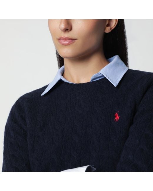 Polo Ralph Lauren Blue Crewneck Cable-Knit Wool And Cashmere Sweater