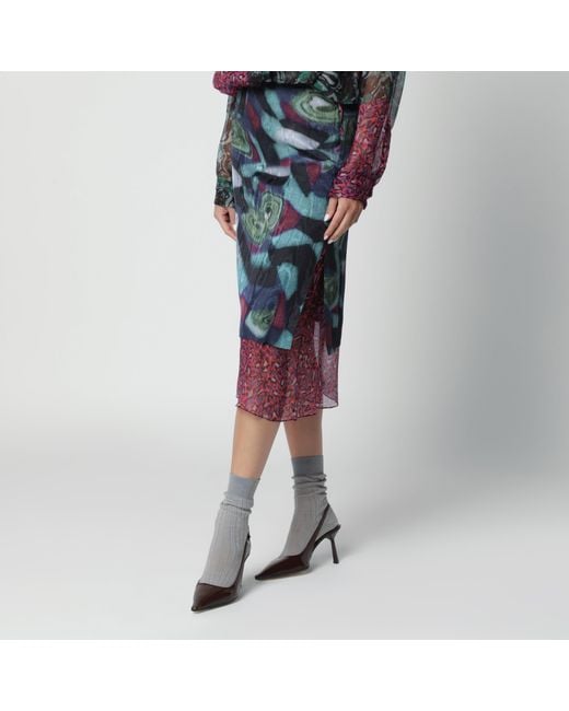 Dries Van Noten Blue Multicolored Silk-Blend Print Skirt