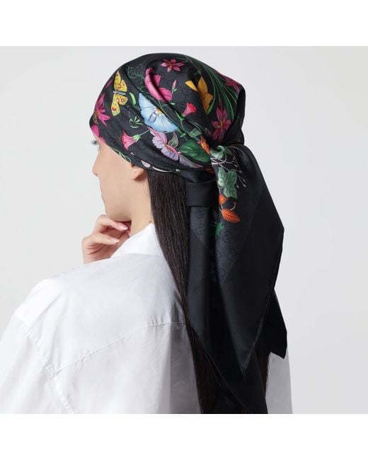 Gucci Black Silk Twill Carre With Gg Flora Print