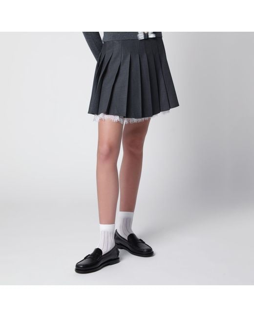 Self-Portrait Black Pleated Wool Mini Skirt With Lace Trim