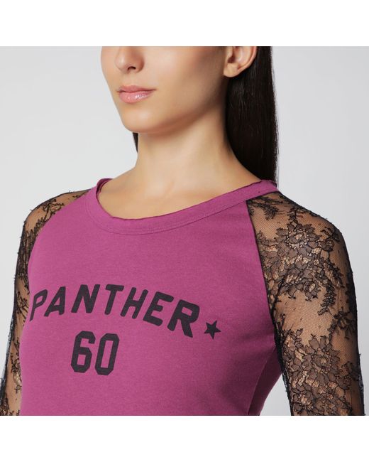 Valentino Purple Cyclamen Panther 60 T-Shirt With Lace Sleeves
