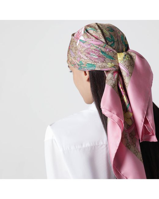 Gucci Pink Silk Twill Carre With Gg Print