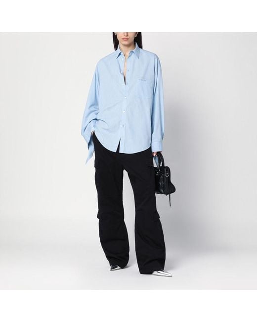 Balenciaga Blue Hellblau Gestreiftes Hemd Mit Geknoteten Manschetten