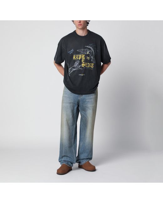 Represent Black Faded T-Shirt With Eagle Logo Print for men
