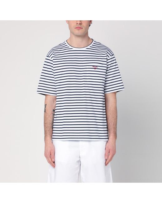Prada White /blue Striped T-shirt In Cotton for men