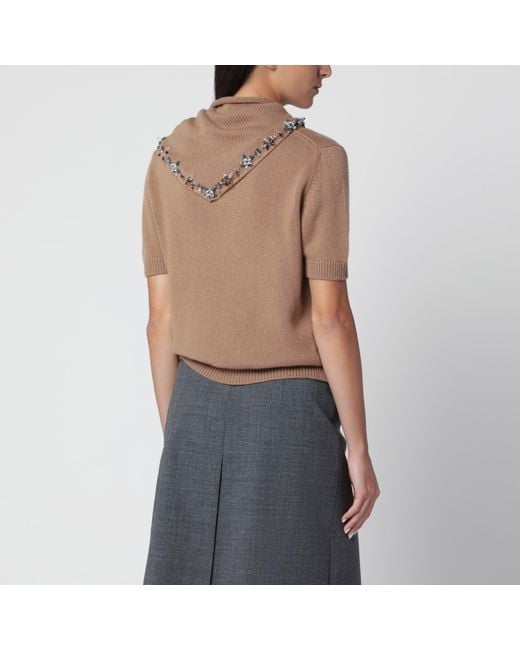 Prada Brown Camel Cashmere Sweater With Jewel Scarf