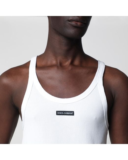 Dolce & Gabbana Brown Ribbed Cotton Tank Top With Logo Patch for men