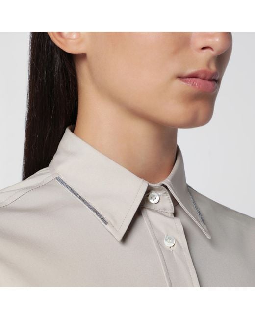 Brunello Cucinelli White Monili Trim Stony Ground Cotton Poplin Shirt