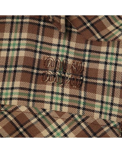 Camicia in lana check cammello di Miu Miu in Brown