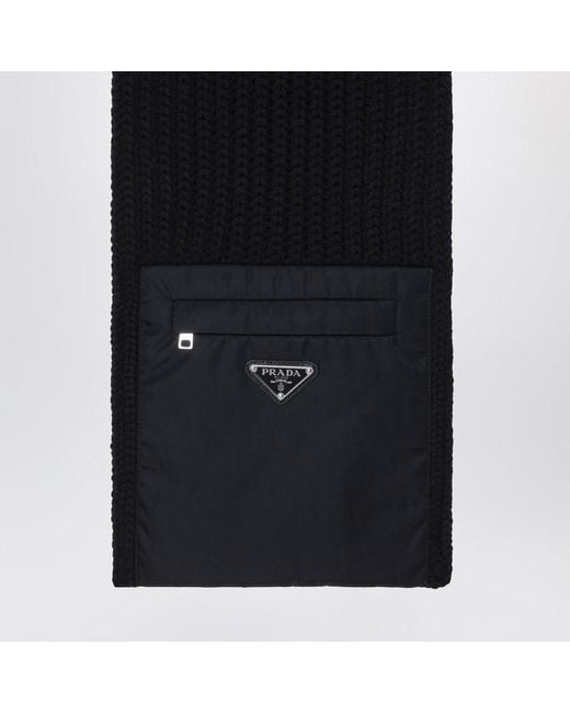 Prada Black Wool Scarf With Re-Nylon Pocket for men