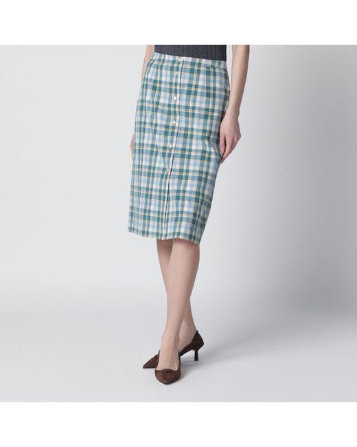 Prada Blue Ottanio Pencil Skirt With Check Pattern
