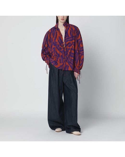 Dries Van Noten Red Loose Shirt With Ruffle Details And Crushed Stripe Print