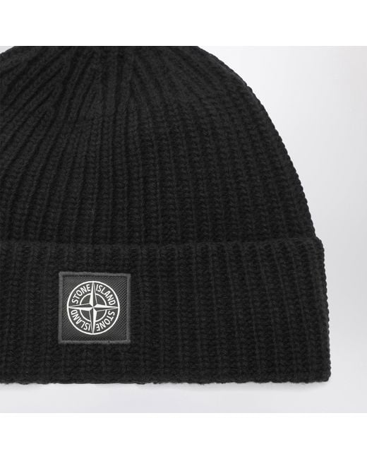 Stone Island Black Wool Beanie With Compass Patch for men