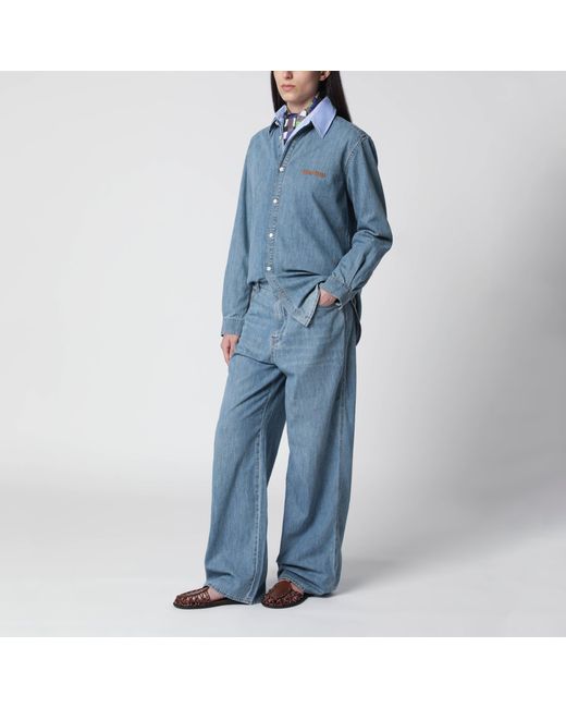 Miu Miu Blue High-Waisted Wide-Leg Chambray Pants