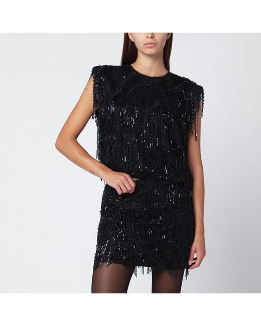 ROTATE BIRGER CHRISTENSEN Black Top With Beaded Fringes