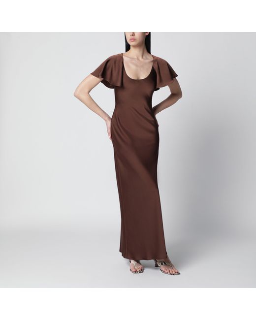 ROTATE BIRGER CHRISTENSEN Brown Long Satin Dress With Flutter Sleeves