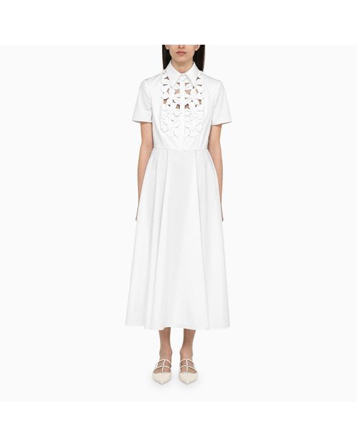 Valentino White Cotton Midi Chemisier Dress With Flower Embroidery