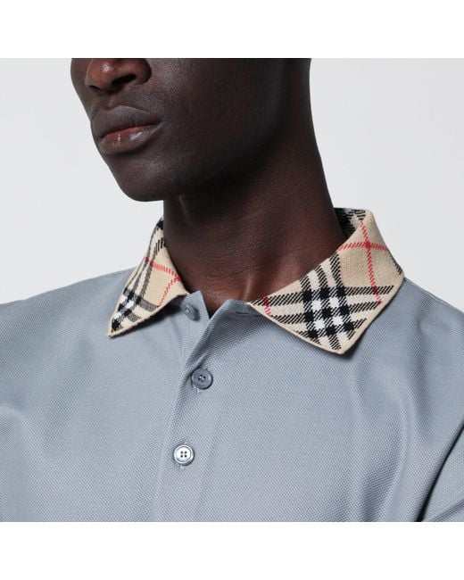 Burberry Blue Cotton Polo With Check Collar for men