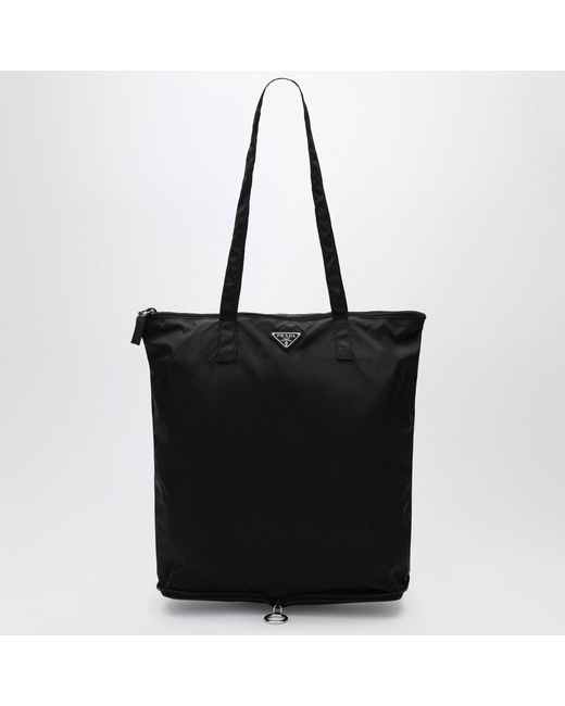 Prada Black Saffiano Leather Charm With Re-Nylon Tote Bag