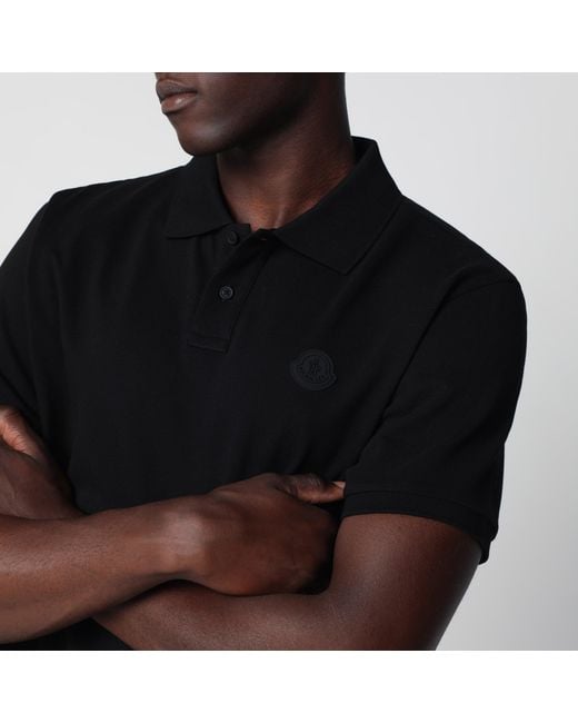 Moncler Black Cotton Piqué Polo Shirt With Logo Patch for men