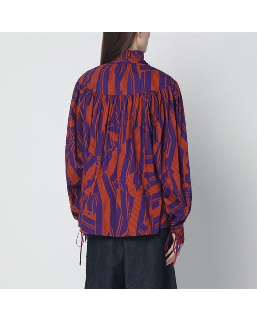 Dries Van Noten Red Loose Shirt With Ruffle Details And Crushed Stripe Print