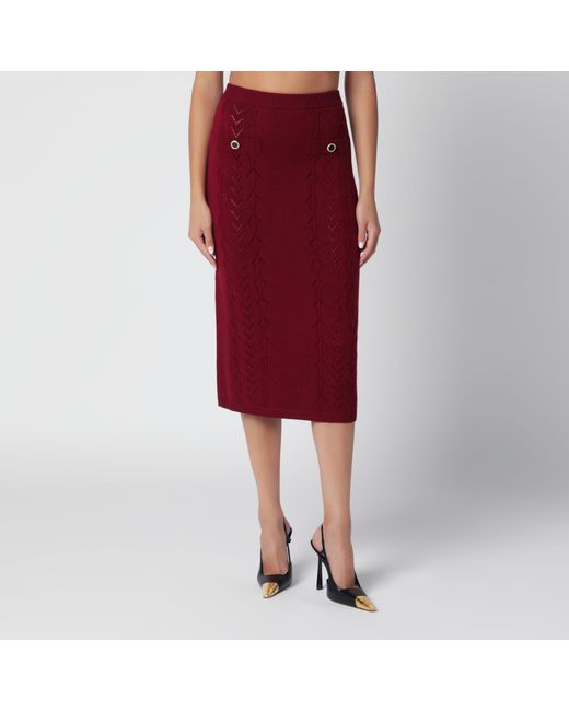 Alessandra Rich Red Bordeaux Merino Wool Lace Knit Midi Skirt