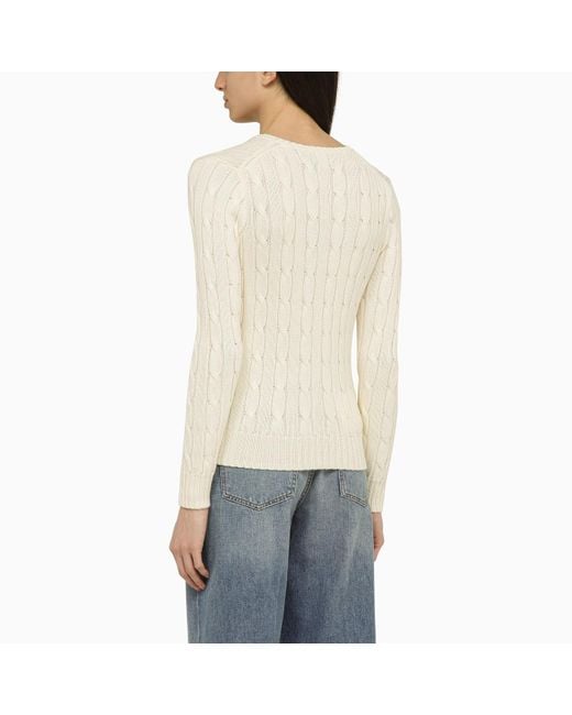 Polo Ralph Lauren White Cream Coloured Cotton Cable Knit Sweater With Logo