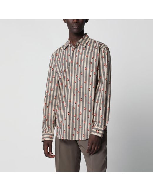 Dries Van Noten Brown Striped Cotton Shirt With Floral Print for men